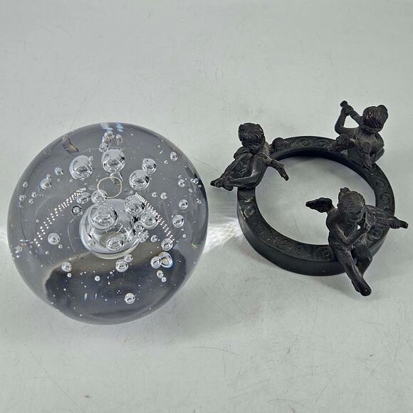 Ornate cherub Orb Sphere Candle Holder Base Stand w glass Paperweight - Picture 3 of 4